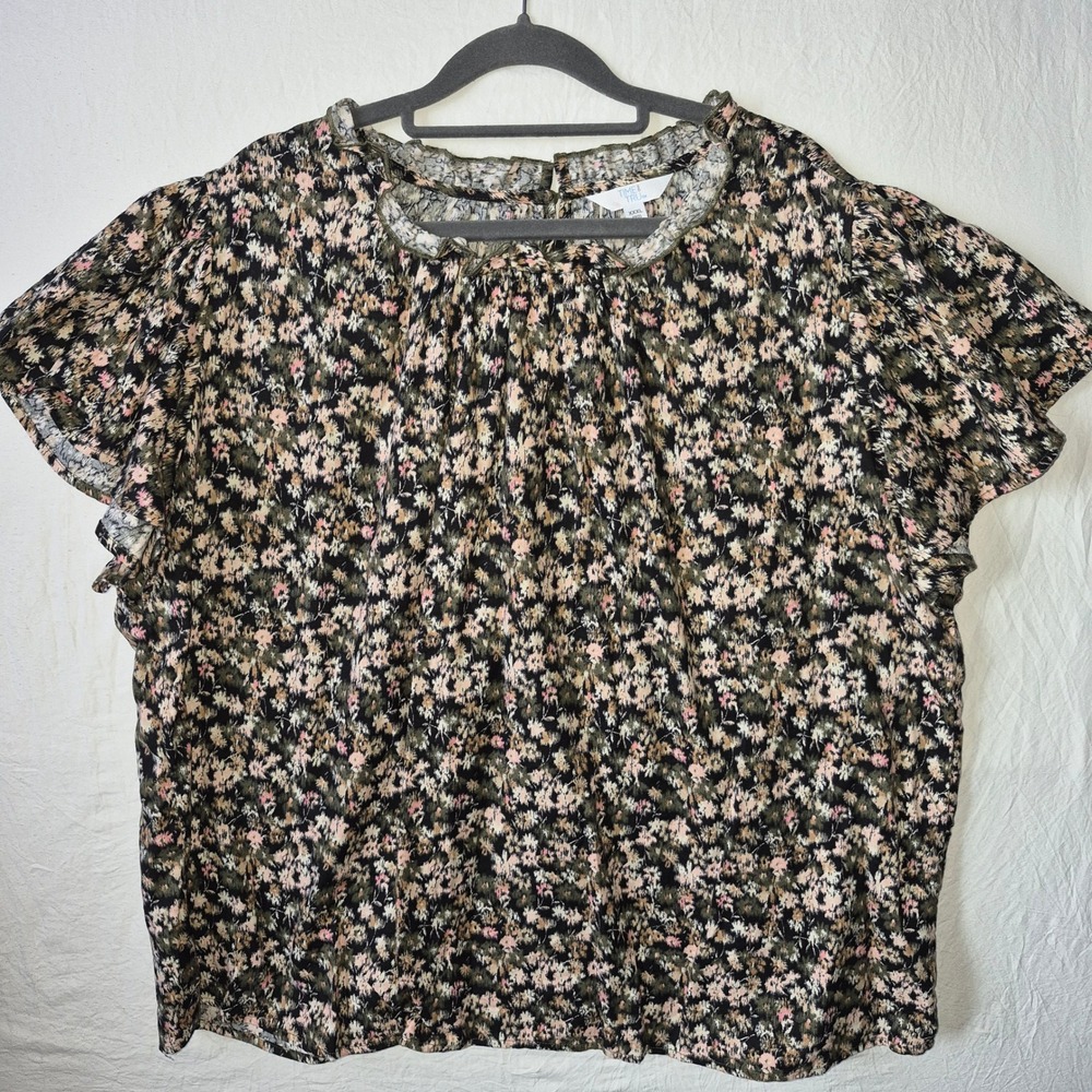 Time and Tru Womens XXXL 22 Floral Ruffle Neck Flutter Sleeve Cotton Blouse Top